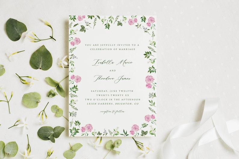 Pink hydrangea wedding invitation, pink floral invitation template, floral wedding invite, personalized invitation template, floral invite image 9