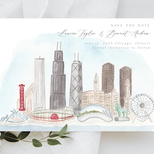 Modello di salva la data con lo skyline di Chicago, modello di salva la data personalizzato, invito al lungomare di Chicago, invito a Chicago, Chicago ad acquerello