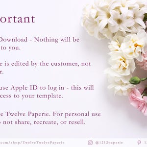 May include: A digital download announcement with text that reads "Important" and other details. The image is decorated with a bouquet of white, pink, and purple flowers. The text includes information about the digital download and the seller.