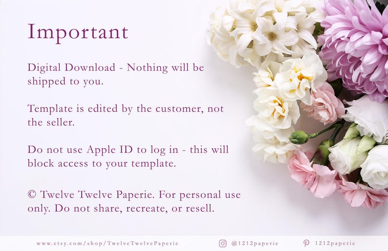 May include: A digital download announcement with text that reads "Important" and other details. The image is decorated with a bouquet of white, pink, and purple flowers. The text includes information about the digital download and the seller.