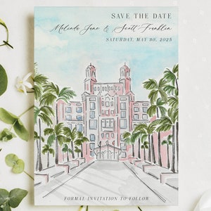 Modello di salva la data della Florida, salva la data personalizzato di Don Cesar, invito a St Pete Beach in Florida, suite di inviti ad acquerello della Florida tropicale