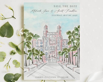 Florida save the date template, Don Cesar custom save the date, St Pete Beach Florida invitation, tropical Florida watercolor invite suite