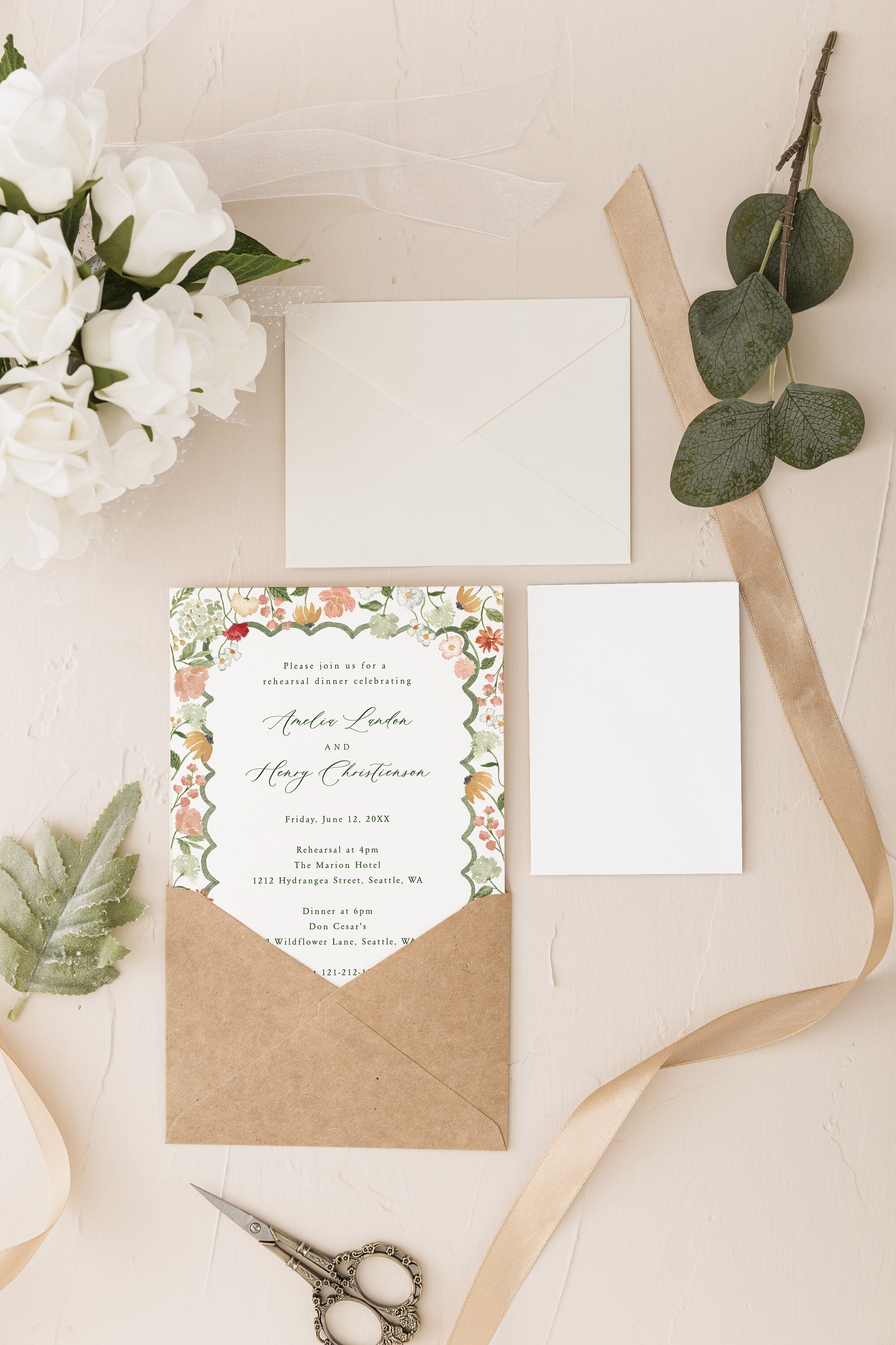 Blush floral rehearsal dinner invite template, watercolor floral invitation, pink wildflower dinner invite, light pink wedding stationery