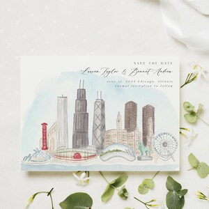 May include: A watercolor-style save-the-date card featuring a Chicago skyline illustration. The card includes the names Lauren Taylor & Bennet Andrew, the date June 12, 2025, and the city of Chicago, Illinois. The text "Formal invitation to follow" is also present.