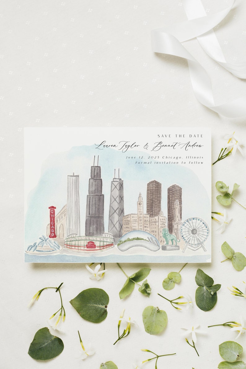May include: A watercolor-style save-the-date card featuring a Chicago skyline illustration. The card includes the names Lauren Taylor & Bennet Andrew, the date June 12, 2025, and the city of Chicago, Illinois. The text "Formal invitation to follow" is also present.