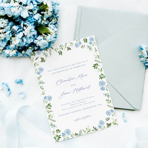 Blue hydrangea wedding invitation template, watercolor floral invite, french blue gingham bow editable template, botanical wedding invite image 6