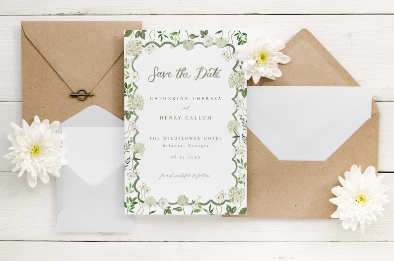 Hortensia blanca guarda la plantilla de fecha con borde festoneado verde y caligrafía de acuarela, invitación de boda floral color crema y vegetación imagen 1
