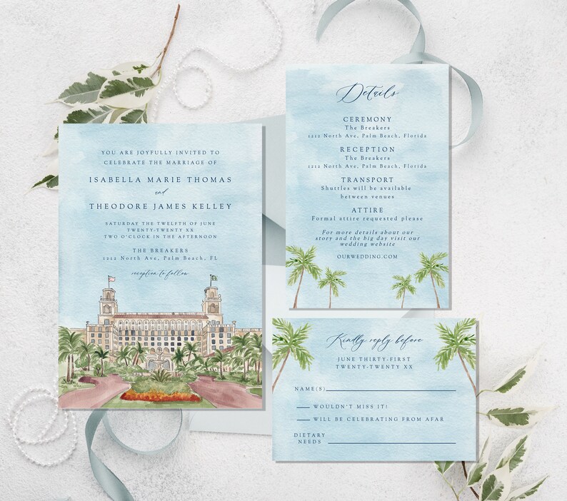 The Breakers wedding invitation template, Palm Beach Florida personalized invite, watercolor tropical palm trees, marriage announcement image 2