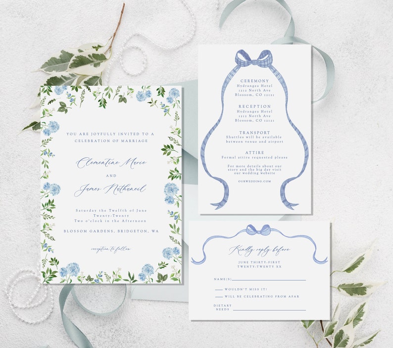 Blue hydrangea wedding invitation template, watercolor floral invite, french blue gingham bow editable template, botanical wedding invite image 1