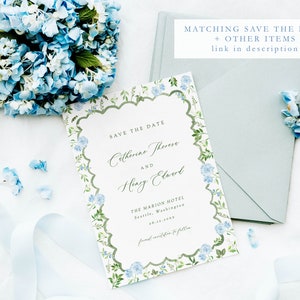 Blue hydrangea wedding invitation template, watercolor floral invite, french blue gingham bow editable template, botanical wedding invite image 5