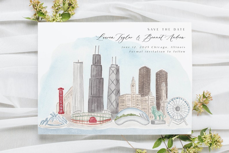 May include: Watercolor save-the-date card featuring a Chicago skyline illustration. The card includes the names Lauren Taylor & Bennet Andrew, the date June 12, 2025, and the city of Chicago, Illinois. The text "Formal invitation to follow" is also included.