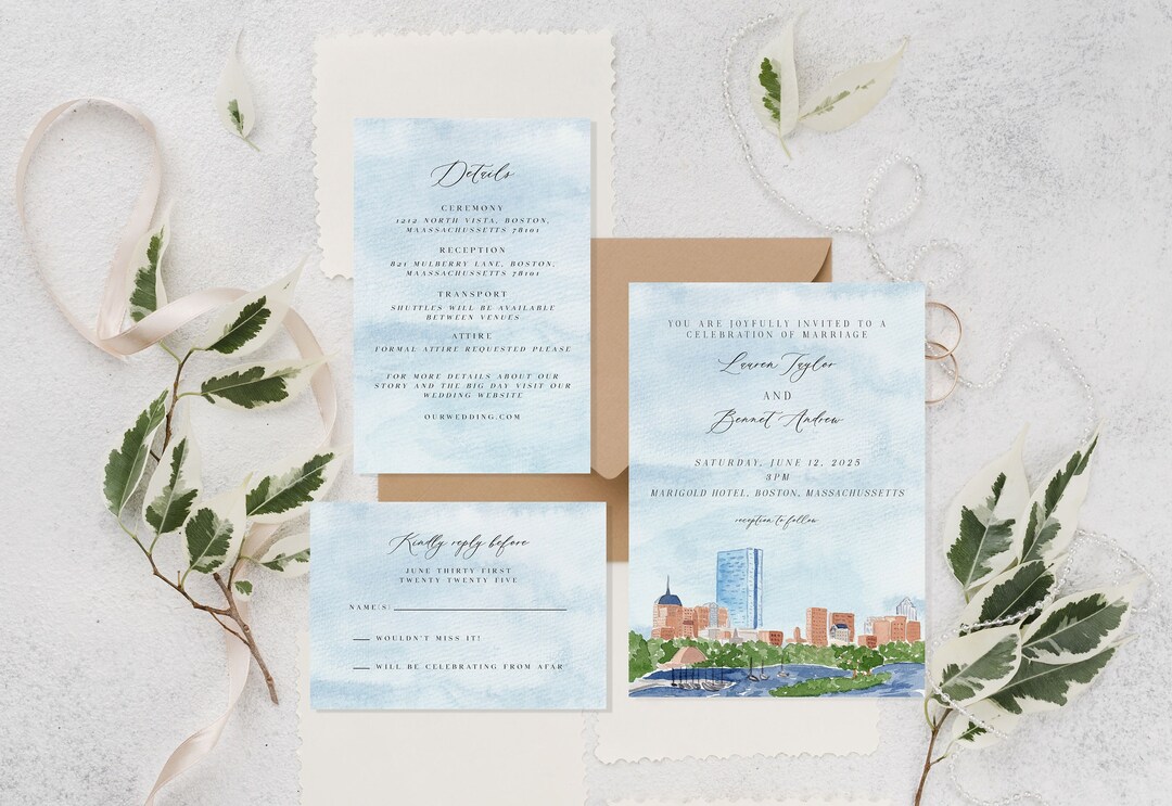 Boston Wedding Invitation Template, Boston Skyline Invitation, Custom ...