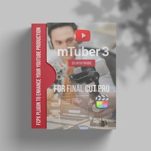 Könnte beinhalten: Eine rote Box mit dem Text "FCPX PLUGIN TO ENHANCE YOUR YOUTUBE PRODUCTION" an der Seite. Die Vorderseite der Box zeigt eine Person, die eine Kamera und ein Telefon mit dem Text "mTuber 3" und "SUBSCRIBE" hält. Der Text "FOR FINAL CUT PRO" befindet sich ebenfalls auf der Vorderseite der Box.