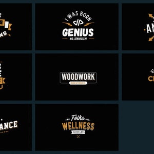Pu&ograve; includere: Nove diversi design di logo in stile vintage con testo bianco su sfondo nero. I loghi presentano frasi motivazionali come "Chase Dreams Not Unicorns", "Let's Make Awesome" e "I Was Born A Genius".