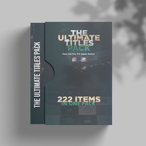 Peut inclure: Une boîte gris foncé avec un titre en or et blanc qui dit "The Ultimate Titles Pack". La boîte est pour Final Cut Pro X et Apple Motion et contient 222 éléments.