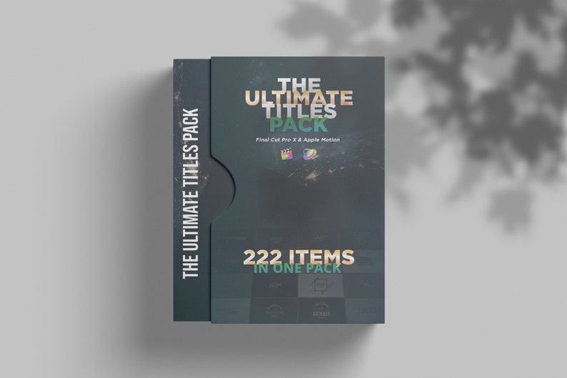 Pu&ograve; includere: Una scatola grigio scuro con un titolo in oro e bianco che recita "The Ultimate Titles Pack". La scatola &egrave; per Final Cut Pro X e Apple Motion e contiene 222 elementi.