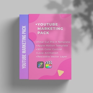 Könnte beinhalten: Ein pink-lila YouTube Marketing Pack mit dem Text "YOUTUBE MARKETING PACK". Das Paket enthält Final Cut Pro X- und Apple Motion-Vorlagen mit Farbsteuerung, Loop-Animation und einer skalierbaren Vektorebene.