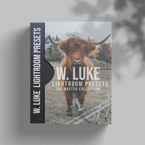 Könnte beinhalten: Eine Box mit Lightroom-Presets mit einem braunen und weißen Hochlandrind auf der Vorderseite. Die Box ist mit "W. Luke Lightroom Presets The Master Collection" beschriftet.
