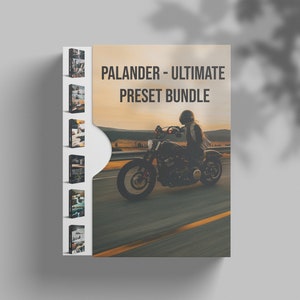 Puede incluir: Una caja con el texto "Palander - Ultimate Preset Bundle" en la parte delantera. La caja tiene un recorte en el lado izquierdo que revela una serie de cajas más pequeñas con imágenes de diferentes paisajes. La parte delantera de la caja también presenta una foto de una persona conduciendo una motocicleta en una carretera.