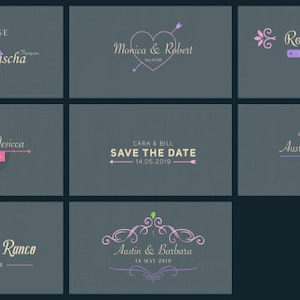 Pu&ograve; includere: Nove diversi design di inviti di nozze con vari caratteri, colori e illustrazioni. I design includono cuori, frecce, fiori e testo che dice "Matrimonio", "Salva la data" e "Giorno del matrimonio".