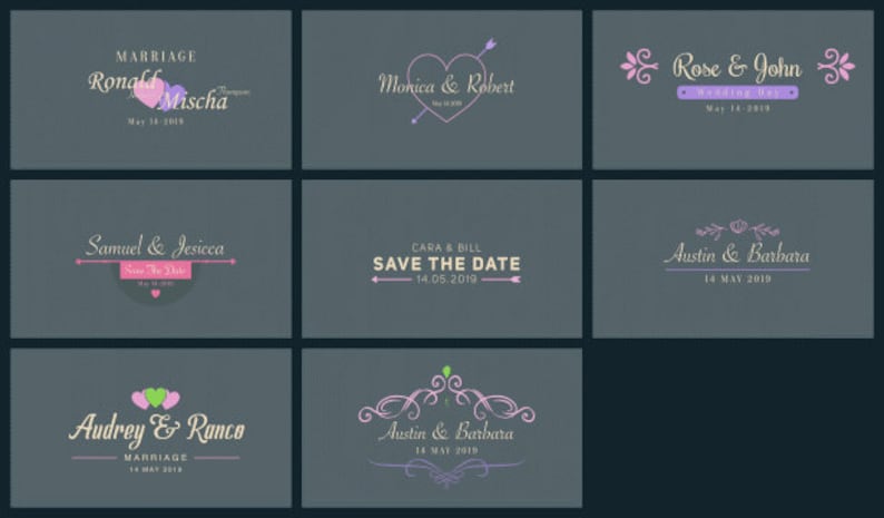 Pu&ograve; includere: Nove diversi design di inviti di nozze con vari caratteri, colori e illustrazioni. I design includono cuori, frecce, fiori e testo che dice "Matrimonio", "Salva la data" e "Giorno del matrimonio".