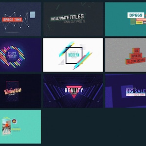 Pu&ograve; includere: Un collage di 12 design di carte di titolo colorati e moderni per software di editing video. I design presentano forme geometriche, testo e sfumature in una variet&agrave; di colori, tra cui blu, rosso, verde, giallo e viola. Il testo include frasi come "Space Time", "The Ultimate Titles", "Black Friday", "Simple Modern Design", "Universe", "Reality", "50% Super Sale", "March 20-26 Big Sale", e "DP669 The Ultimate Titles Pack".