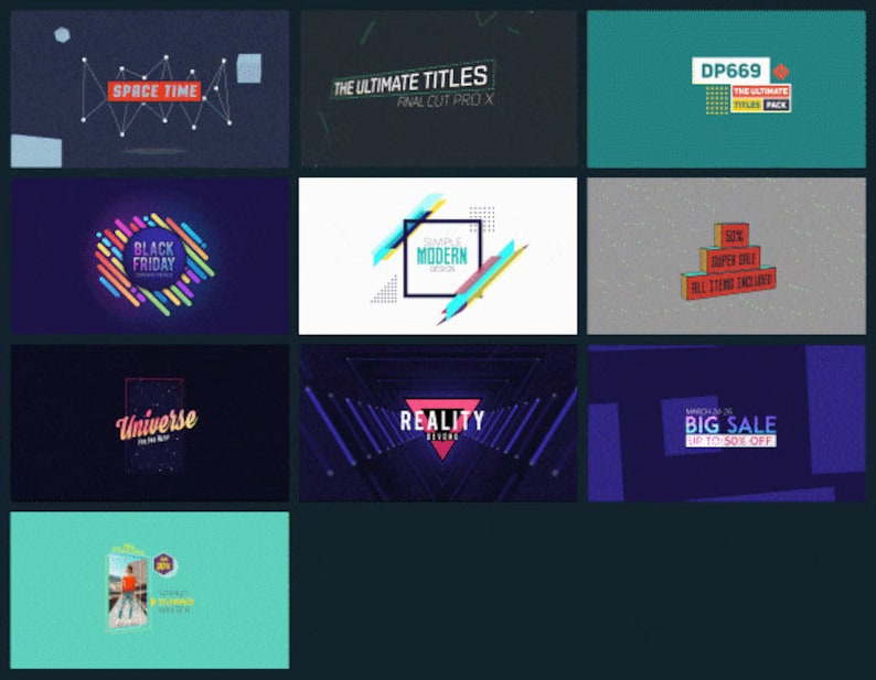 Pu&ograve; includere: Un collage di 12 design di carte di titolo colorati e moderni per software di editing video. I design presentano forme geometriche, testo e sfumature in una variet&agrave; di colori, tra cui blu, rosso, verde, giallo e viola. Il testo include frasi come "Space Time", "The Ultimate Titles", "Black Friday", "Simple Modern Design", "Universe", "Reality", "50% Super Sale", "March 20-26 Big Sale", e "DP669 The Ultimate Titles Pack".
