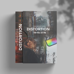 May include: A box with a graphic design of a woman's face with a distorted effect. The text on the box reads "Transition Distortion for Final Cut Pro".