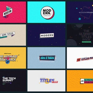 Pu&ograve; includere: Una collezione di grafiche di titoli animate e colorate per il montaggio video. Le grafiche presentano una variet&agrave; di stili, tra cui forme geometriche, testo e motivi. Il testo include "Modern", "FCPX Titles", "The Ultimate Titles Pack", "Adore & Endure", "The Tech Summit", e "Titles".