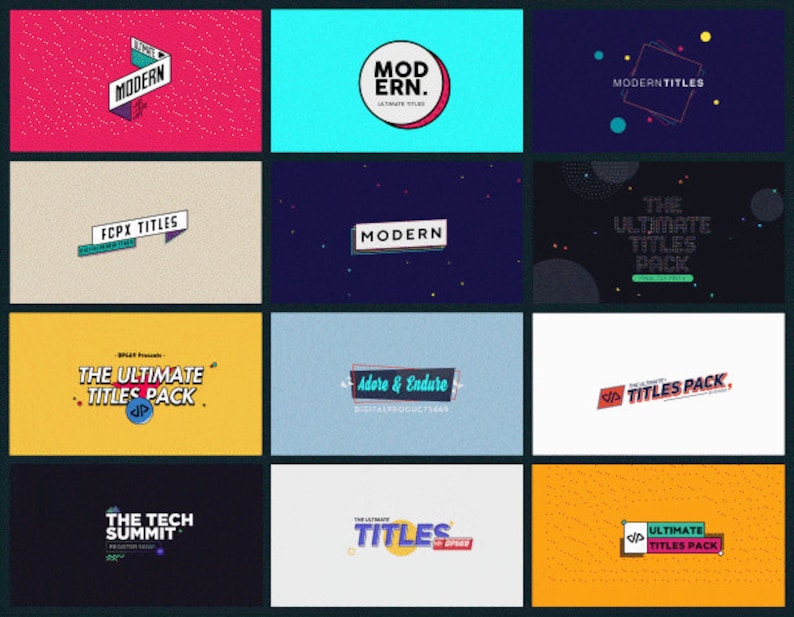 Pu&ograve; includere: Una collezione di grafiche di titoli animate e colorate per il montaggio video. Le grafiche presentano una variet&agrave; di stili, tra cui forme geometriche, testo e motivi. Il testo include "Modern", "FCPX Titles", "The Ultimate Titles Pack", "Adore & Endure", "The Tech Summit", e "Titles".