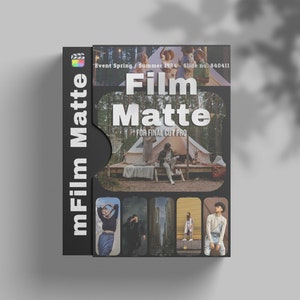 以下が含まれることがあります： 「Film Matte」と「FOR FINAL CUT PRO」の文字が書かれた黒い箱。箱の前面には、テント、ベンチに座っている人、建物の前に立っている人など、画像のコラージュが施されています。