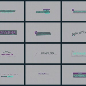 Pu&ograve; includere: Una collezione di 12 schermate di titolo animate con vari elementi di testo e grafici. I titoli includono "Digital Products", "Dial Up Your Business Model", "Don't Procrastinate", "Motion", "New Style", "Mountain Summit Expedition", "Ultimate Pack", "The Ultimate Title Collection", "Motion Designer Title Pack", "Motion" e "Twisted Movie".