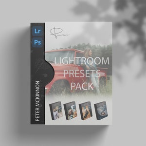 May include: A product box for Lightroom presets featuring a red truck and a person standing next to it. The box has the text "Lightroom Presets Pack" and "Peter McKinnon" on it. The box also has four smaller boxes with the text "Lr Ps" on them.