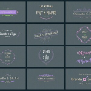 Pu&ograve; includere: Nove design di logo per matrimoni con vari font, colori ed elementi floreali. I loghi includono nomi come Cindy & Marco, Emily & Howard, Samantha & George, Vanesha & Vergo, Julia & Benjamin, Daishy & Demian, Stephany & Stuart, Queen & Quill, Moana & Marcell, Clara & Brian, Jessica & Robert e Brenda & Joseph.