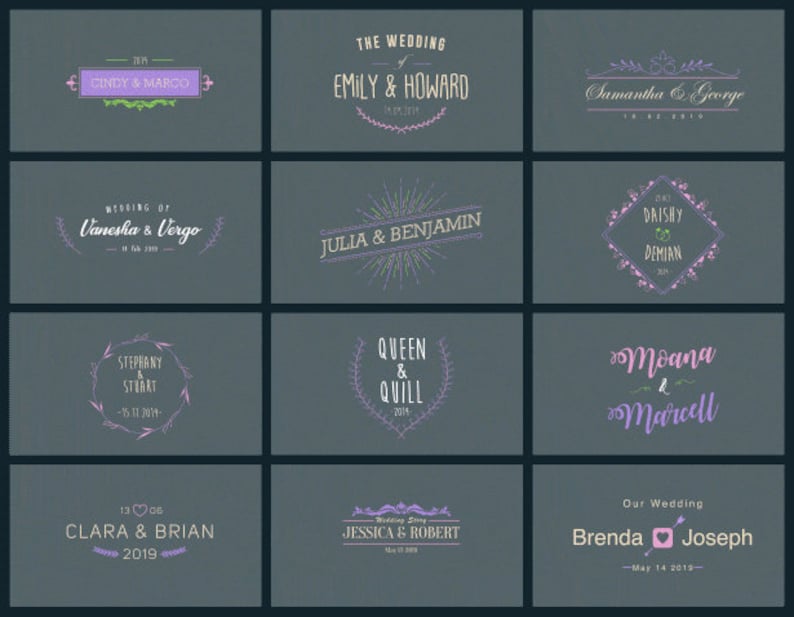 Pu&ograve; includere: Nove design di logo per matrimoni con vari font, colori ed elementi floreali. I loghi includono nomi come Cindy & Marco, Emily & Howard, Samantha & George, Vanesha & Vergo, Julia & Benjamin, Daishy & Demian, Stephany & Stuart, Queen & Quill, Moana & Marcell, Clara & Brian, Jessica & Robert e Brenda & Joseph.