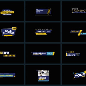 Pu&ograve; includere: Una collezione di schermate di titolo colorate, moderne e dinamiche per i video. Le schermate presentano testo in grassetto, forme geometriche e un mix di colori giallo, blu e nero.