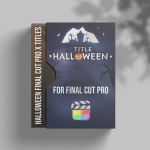 May include: A blue box with the text "TITLE HALLOWEEN" and "FOR FINAL CUT PRO" on it. The box has a graphic of a spooky Halloween scene with a castle and a pumpkin.