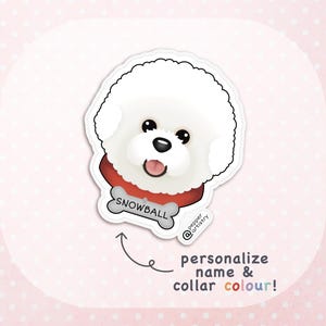 Personalized Bichon Frise Dog Vinyl Sticker: Custom Name, Collar Colour, Size and Finish