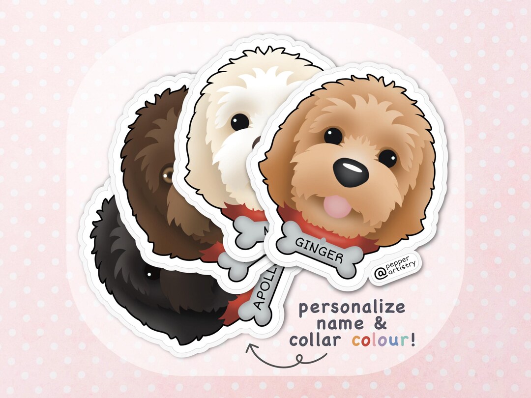 Dog Name Sticker Design Personalized Doodle Dog Vinyl Sticker • Custom Name, Collar Colour ...