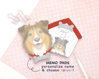 Könnte beinhalten: Zwei personalisierte Notizblöcke mit Hundeillustrationen. Einer ist in Form eines Hundekopfes mit einem Knochen-Etikett namens SADIE. Der andere ist hausförmig mit einem Knochen-Etikett namens LUNA und dem Text Hello. Enthält den Text MEMO PADS personalize name & choose colour!