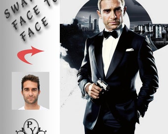 James Bond - Swap faces, Custom portrait, Personalised image with your photo, Digital file, Ready to print