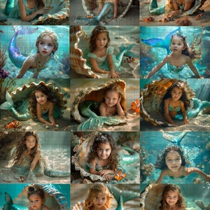 May include: A collage of nine images featuring young girls dressed as mermaids in seashells. The girls are wearing teal and green mermaid tails and tops. The seashells are various shades of brown and cream. The background is a turquoise blue with white bubbles and orange and white clownfish.