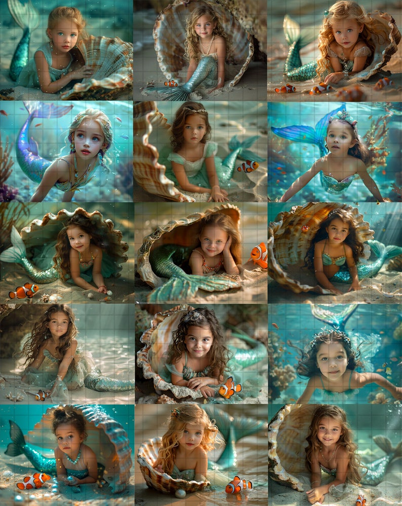 May include: A collage of nine images featuring young girls dressed as mermaids in seashells. The girls are wearing teal and green mermaid tails and tops. The seashells are various shades of brown and cream. The background is a turquoise blue with white bubbles and orange and white clownfish.