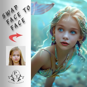 May include: A young girl with long blonde hair wearing a blue and gold mermaid costume. The girl is looking to the right of the image. The background is a blue and green water scene. The text 'SWAP FACE TO FACE' is in the upper left corner of the image with a red arrow pointing to the right.