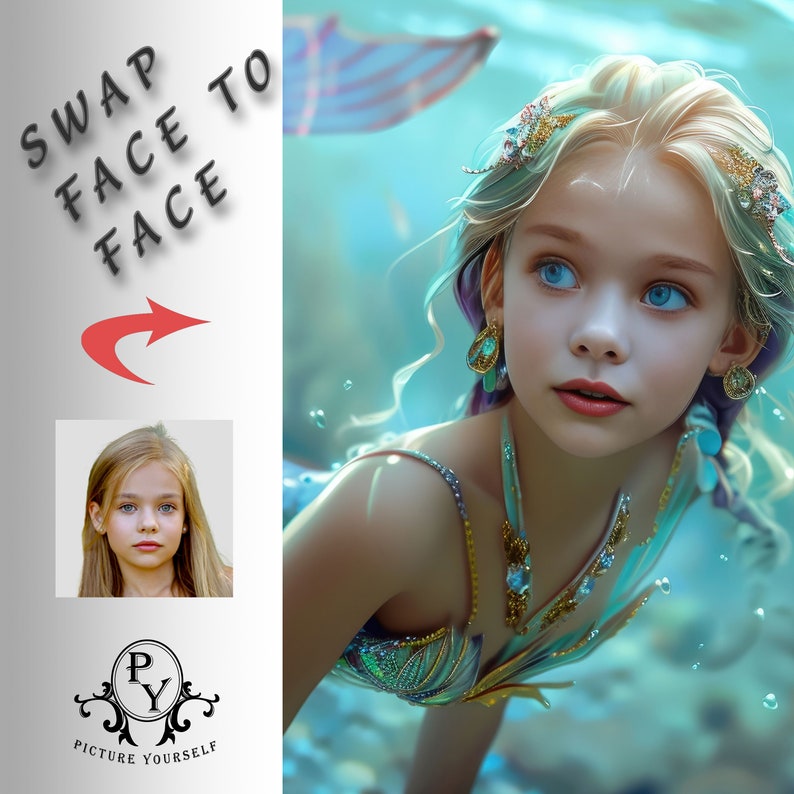 May include: A young girl with long blonde hair wearing a blue and gold mermaid costume. The girl is looking to the right of the image. The background is a blue and green water scene. The text 'SWAP FACE TO FACE' is in the upper left corner of the image with a red arrow pointing to the right.