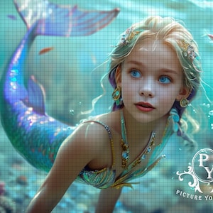 May include: A mermaid with a blue and purple tail, blonde hair, and a gold necklace. She is wearing a blue and gold top with a seashell design. The background is a turquoise blue with bubbles and fish. The image has the text 'Picture Yourself' in white letters on a black background.