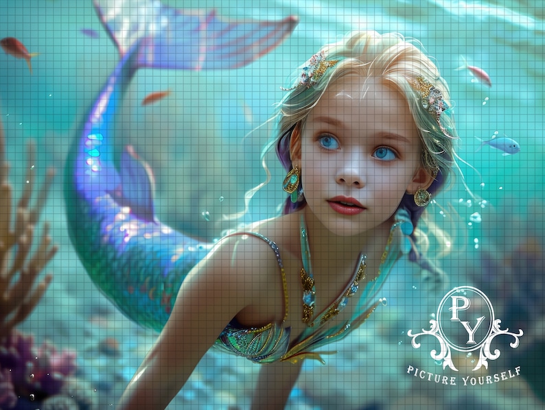 May include: A mermaid with a blue and purple tail, blonde hair, and a gold necklace. She is wearing a blue and gold top with a seashell design. The background is a turquoise blue with bubbles and fish. The image has the text 'Picture Yourself' in white letters on a black background.