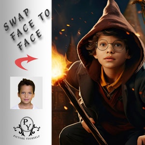 May include: A young person wearing a brown hooded robe and round glasses holds a torch in front of a fiery background. The text "SWAP FACE TO FACE" is written in red on the left side of the image.