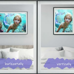 May include: Two framed images of a mermaid with blue and purple scales and blonde hair. The mermaid is swimming underwater. The image on the left is labeled 'horizontally' and the image on the right is labeled 'vertically'.