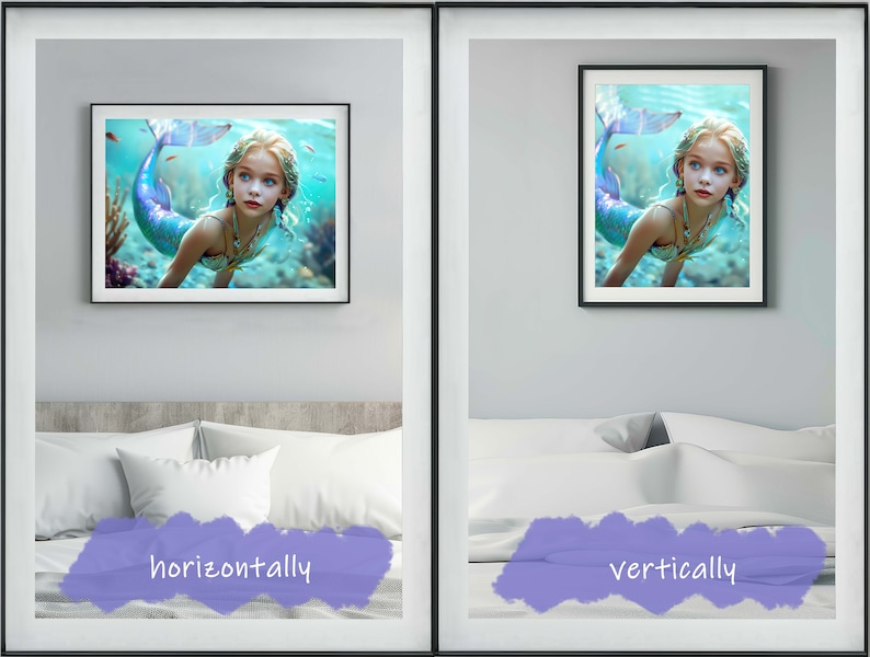 May include: Two framed images of a mermaid with blue and purple scales and blonde hair. The mermaid is swimming underwater. The image on the left is labeled 'horizontally' and the image on the right is labeled 'vertically'.